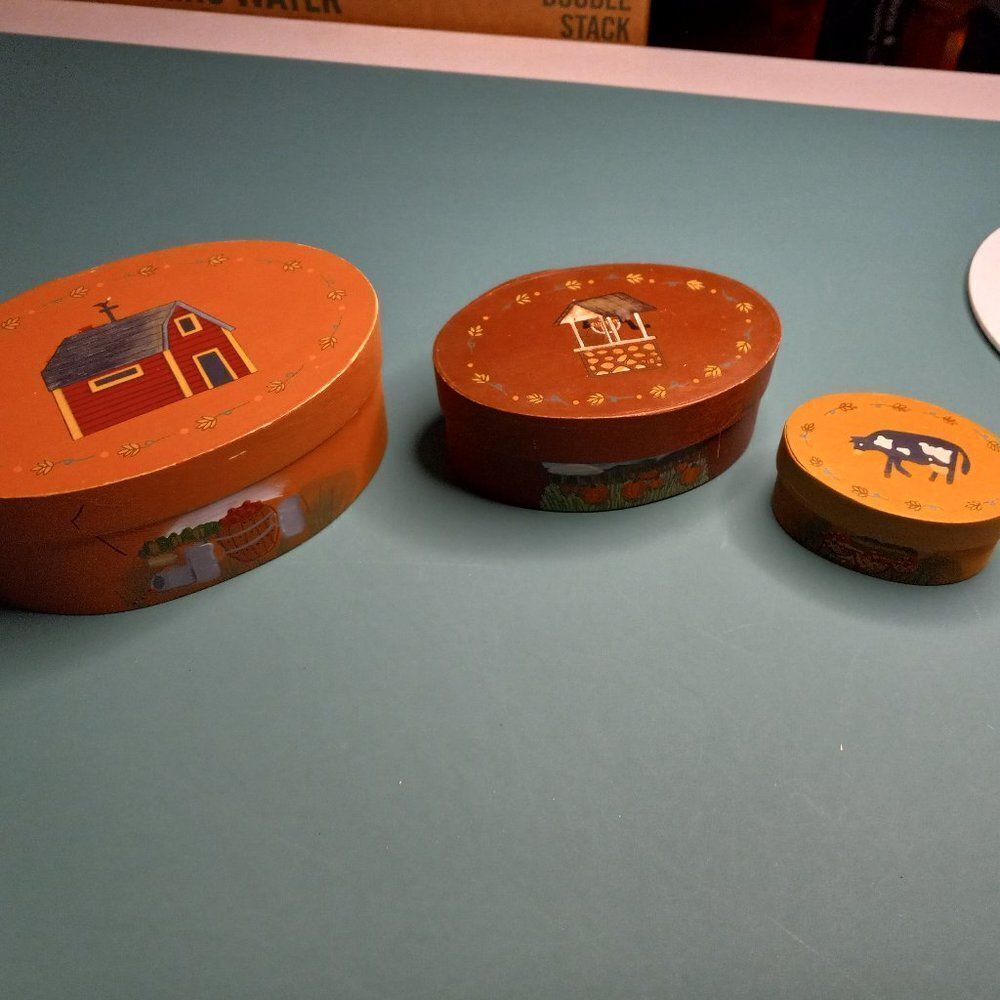 Russ Oval Trinket "Shaker" Wooden Nesting Boxes Folk Art Design (3) Cottagecore